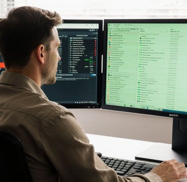 a calm analyst seated at a pristine white standing desk