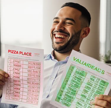 campaign strategist in a modern lounge area, laughing while holding a small test batch printout