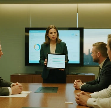confident female manager presenting a sleek data-quality dashboard on a tablet to two attentive colleagues in a contemporary 