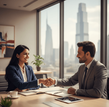 Professional job interview with a handshake in a modern office