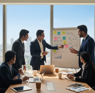 Business team in India discussing sales strategy and growth charts