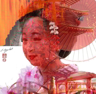 digital photo montage print girl Japan red parasol bridge torii gates photography collage