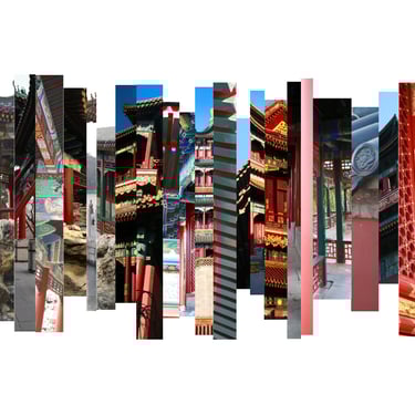 digital photo montage print, collage photography, Beijing, China, slices, red, architecture