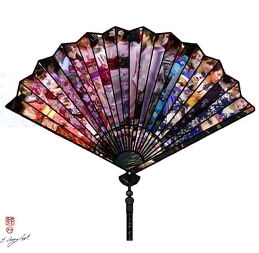 digital photo montage print, collage photography, travel enthusiast, kimono, Japan, women, pink purple, fan