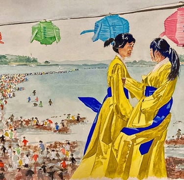 original watercolor painting girls South Korea portrait lanterns seascape