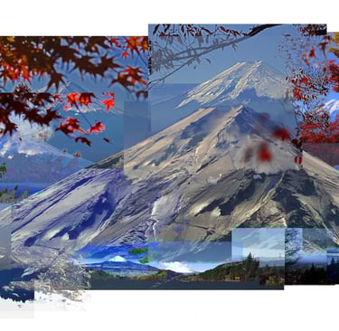 digital photo montage print, collage photography, travel enthusiast, Mt Fuji, Japan, autumn leaves, red blue