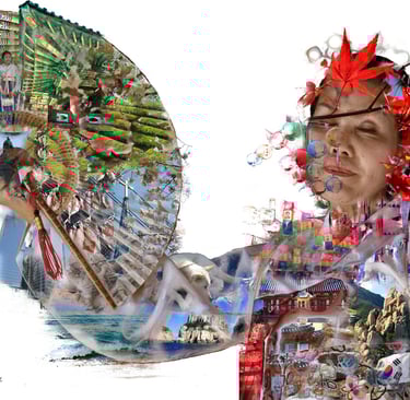 digital photo montage print, portrait woman, South Korea, collage photography, travel enthusiast 