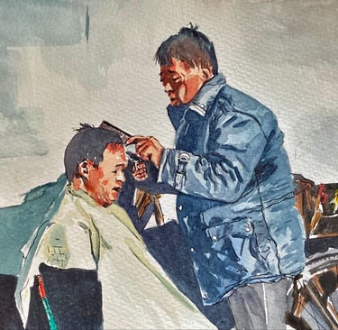 original watercolor painting pet men haircut China portrait 