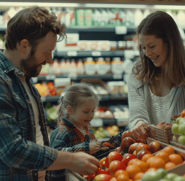 Family selecting fruits and vegetables at a local supermarket