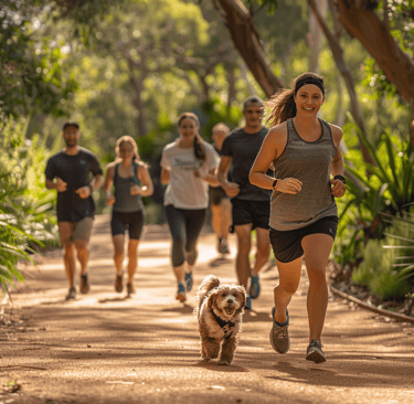 a dog is running on a path with people and a dog