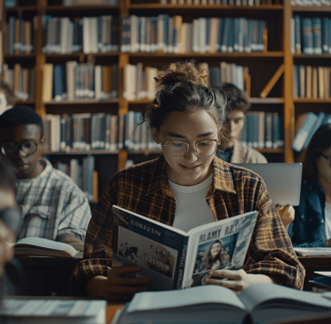 a woman is reading a book in a library