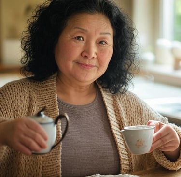 a woman sitting at a table with a cup of british tea