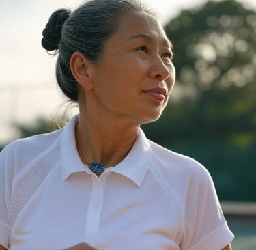 a woman in a white shirt and a tennis racket