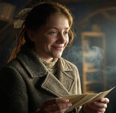 a woman in a coat and a book