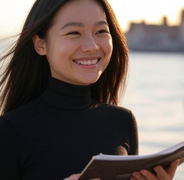 a woman in a turtle neck top and a book