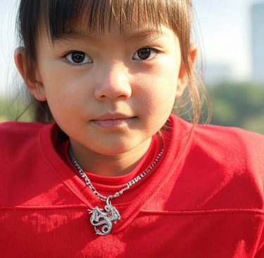 a young girl with a necklace with a necklace with a dragon on it