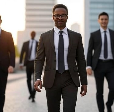a man in a suit and tie walking down a street