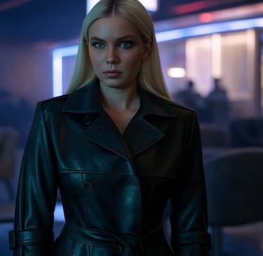 a woman in a black leather jacket and a black leather jacket