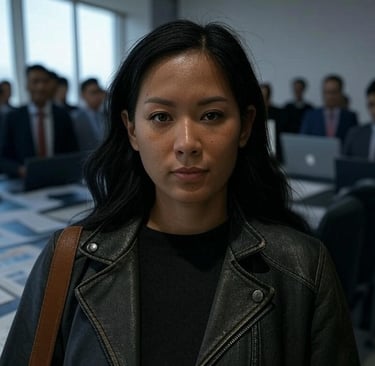 a woman in a leather jacket and a man in a suit