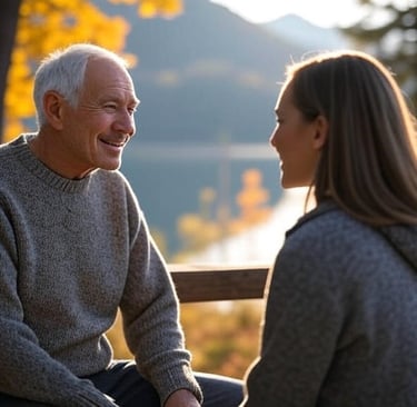 a man and woman sitting on a bench in the fall