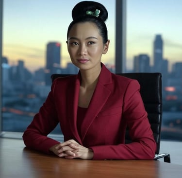 a woman in a red suit sitting at a table