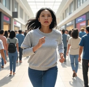 a woman in jeans and a gray sweater is running through a mall