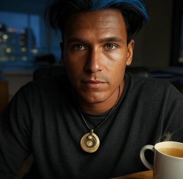 a man with blue hair and a necklace with a pendant