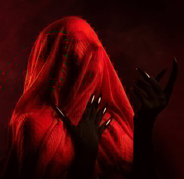 Fotografía artística de moda con modelo cubierto por tela roja y uñas negras dramáticas