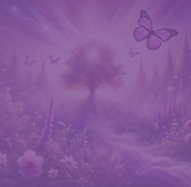 a purple and white photo of a tree with butterflies