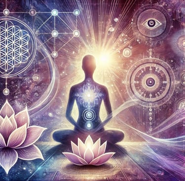 Imagem serena representando uma sessão de terapia com psicologia transpessoal, apresentando uma figura meditativa cercada por