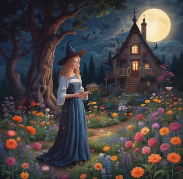 nightime as young woman is standing in flower garden