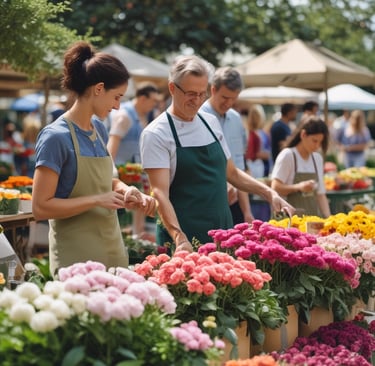 flower vendors chat to each other at farmers market