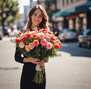 woman holding a multi colored roses bouquet