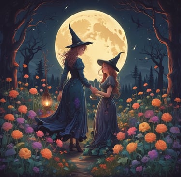adult witch and younger witch walk amongst flowers by moonlight