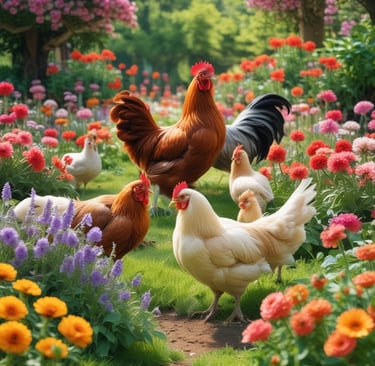 chickens freely walking among flower garden