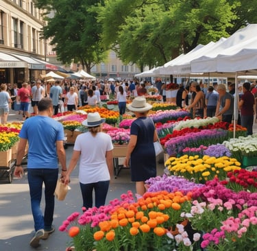 many colored flower bouquets on sale at farmer market