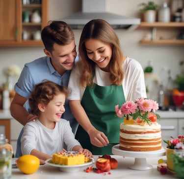 happy family making a cake in kitchen with flowers nearby