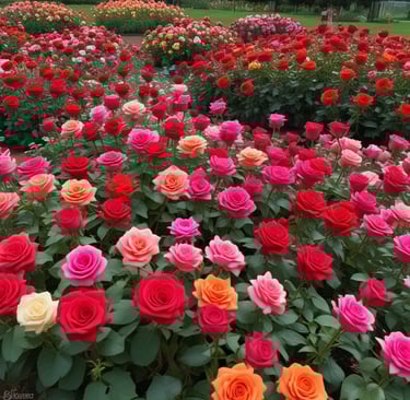 garden of red roses, peach roses and pink roses