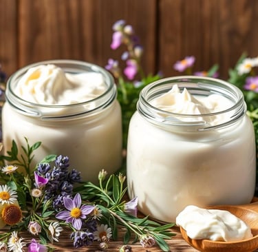 A cozy scene featuring a glass jar of creamy herbal body butter surrounded by vibrant fresh herbs li