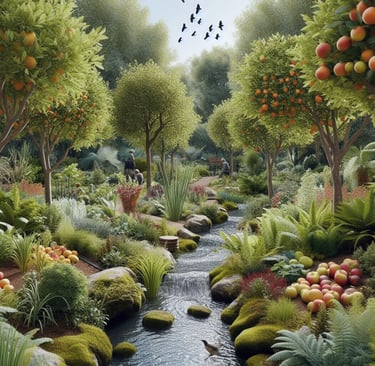 various fruit trees and plants beside a stream