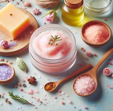 pink face scrub in glass jar with skin care ingredients around