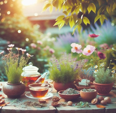 a teapot with a cup of herbal tea on a table, in an outdoor garden