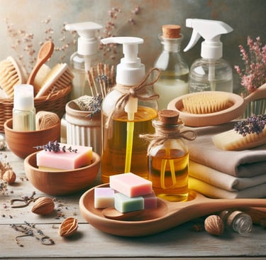 a variety of soap and liquid soaps on a table
