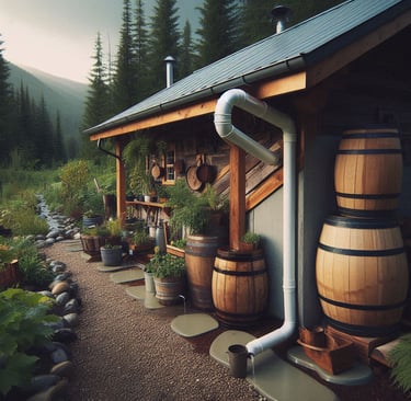 a house with a wooden barrel of water