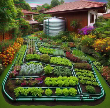 irrigation of a garden with variety of plants