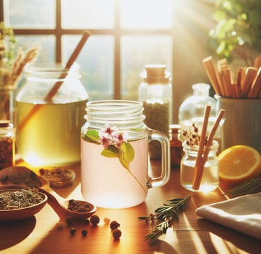 a pink herbal tonic in a jar, set on a table near a kitchen window