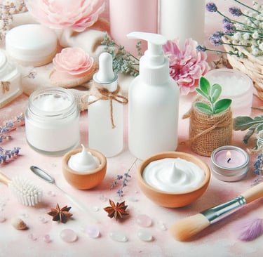 a variety of cosmetics products, cream and lotion with pink flowers
