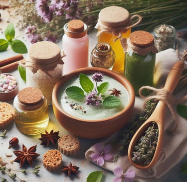 homemade herbal products in bowl and glass  jars