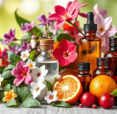 a variety of bottles of essential oils and flowers