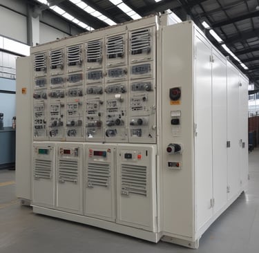A large gray industrial electrical panel with an on/off switch is mounted on the side of a gray wall. Above the panel are multiple electrical conduits running upward. The surrounding area appears to be a utility or storage room with a wooden board and some equipment in the background.